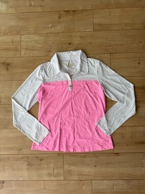 Lilly Pulitzer Frida Scallop Polo Top Pink White Long Sleeve Golf Preppy L